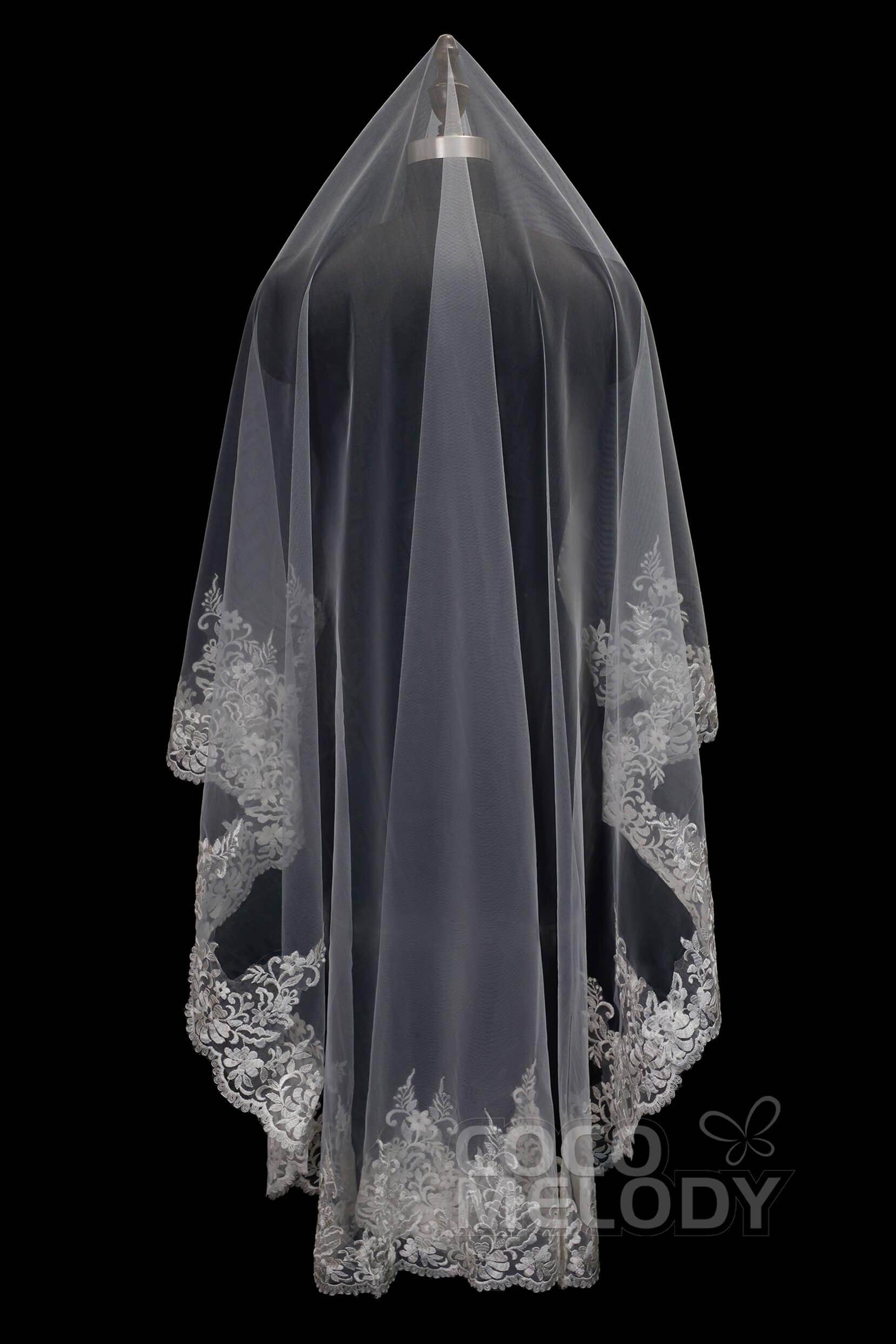 One-tier Lace Edge Tulle Waltz Veils with Appliques AV160026 - COCOMELODY